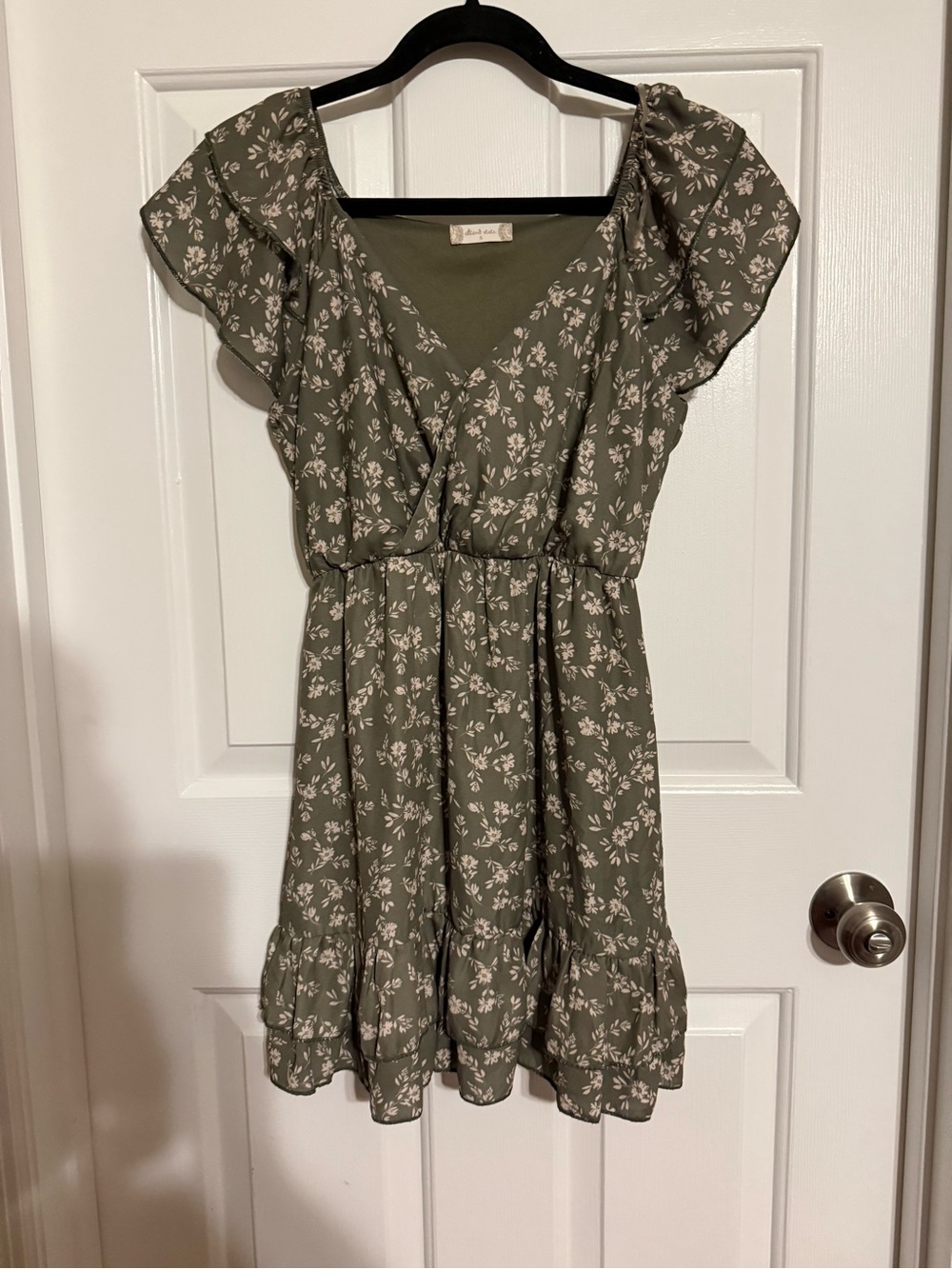 “Altar'd State Olive Green Floral Flutter Sleeve Tiered Mini Dress Small”